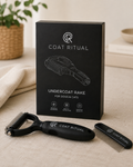 Coat Ritual Undercoat Rake — black grooming rake and comb set with packaging box, styled with a plant and linen towel