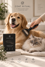 Coat Ritual lifestyle photo — golden retriever and cat with 'A Healthier Coat, A Happier Pet' tagline